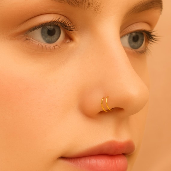 Thin Gold Double Nose Hoop Ring, Small Dainty Double Nose Hoop