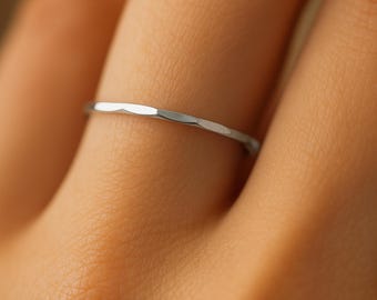 Sterling Silver Hammered Ring · Dainty Delicate 1mm Thin Stacking Band · Minimalist Skinny Silver Ring for Everyday Layering, Thin Band