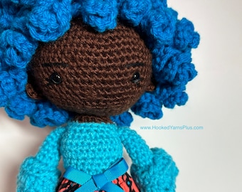 Crochet African American Doll. Blue Afro Curly Hair Black Doll, Handmade Doll for Sale, Crochet Black Doll, Teen Doll Gift, Gift for Her