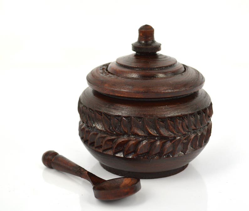 Wood carving wooden carved salt cellar with spoon salt box Etsy