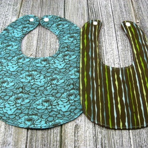 Baby Bib Set – Chocolate Brown & Teal Lotus Print Baby + Striped Newborn Bibs | Flannel Lined Snap Closure