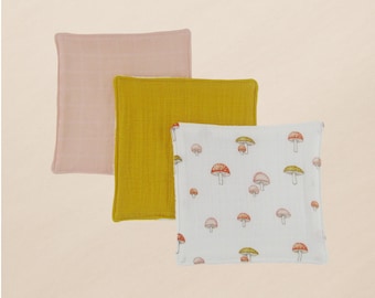 Children's Washcloth Set of 3 Muslin & Terry Cloth Baby Girl Washcloths Pink and Gold Mushroom Baby Shower Gift Soft Reusable Infant Cloths