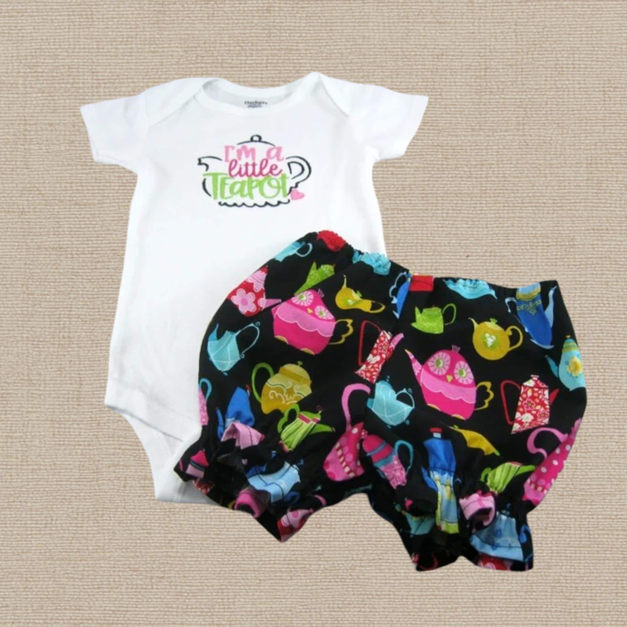 I'm A Little Teapot Baby Girl Outfit * Embroidered Bodysuit and Ruffle Bloomer * Tea Party Infant Clothes * Nursery Rhyme Baby Girl Gift Set