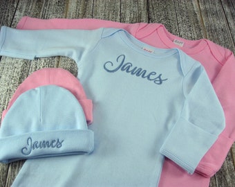 Newborn Coming Home Outfit, Girl or Boy Personalized Baby Gowns & Hats