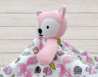 Manta de seguridad de zorro personalizada para bebé, juguete de zorro para niña, manta de peluche, regalo para baby shower, manta de zorro personalizada, color rosa