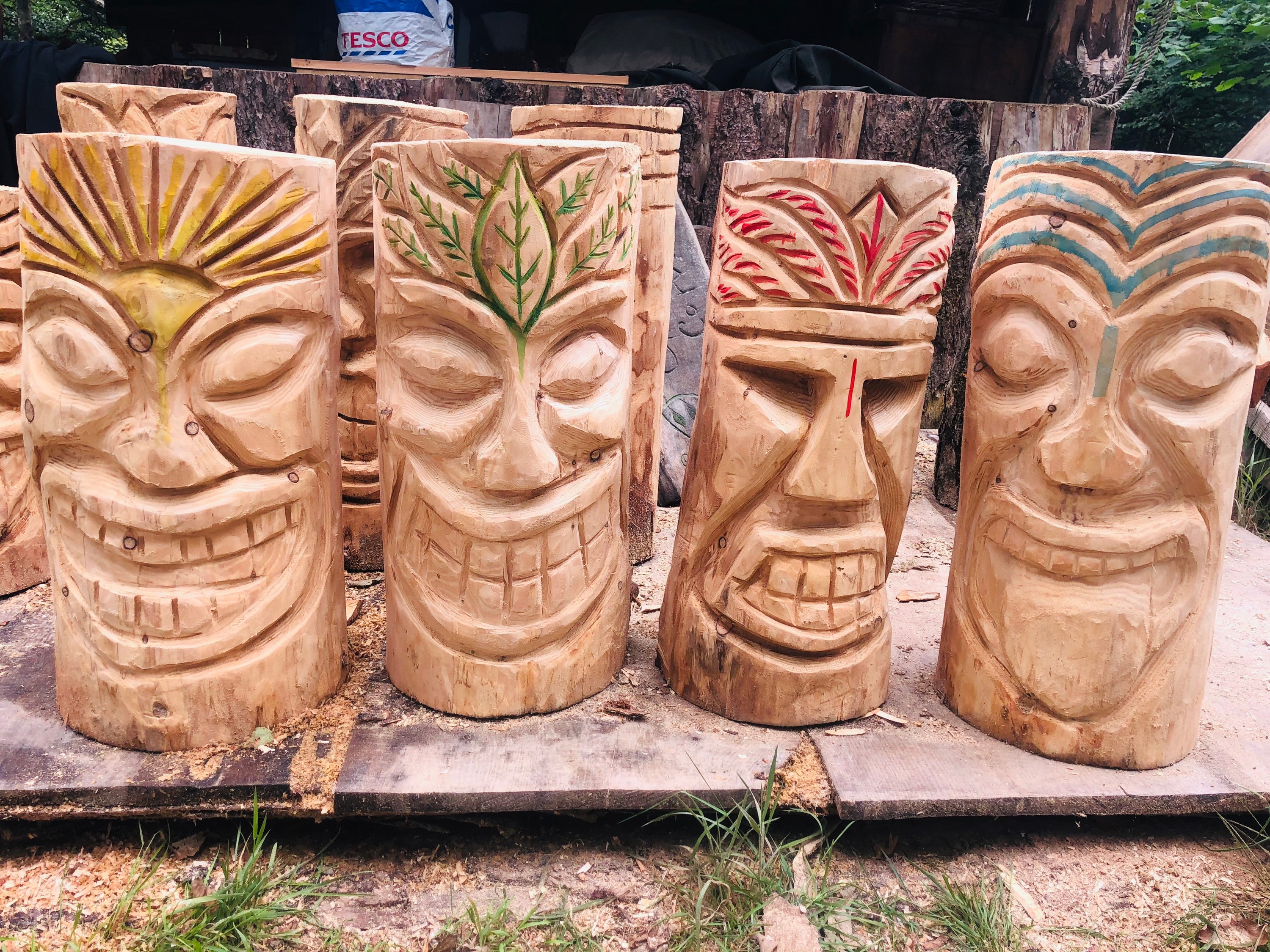 Tiki Gods, Chainsaw Carved & Hand Painted Sculptures in Wood: Set