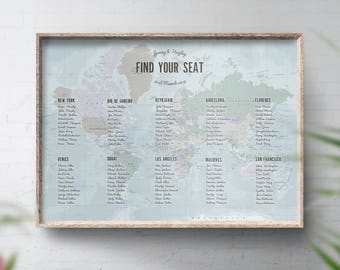 World Seating Chart, Travel Theme Table Plan, Map Seating Plan, Wedding Travel Themed, Vintage Style, World Map, Travel Inspired, Traveller