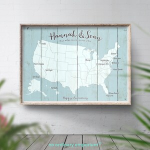 Custom USA Map Print, Travel Bucket List, Personalised Travel Map, 1st Wedding Anniversary Gift, 40th Birthday, Places Been, Blue Rustic Map image 2