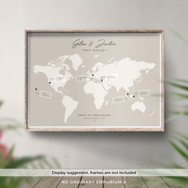 Personalised World Map, Places We've Been Map, Couples Travel Gift, Honeymoon Gift, Places Visited, Bucket List Map, World Travel Map Print