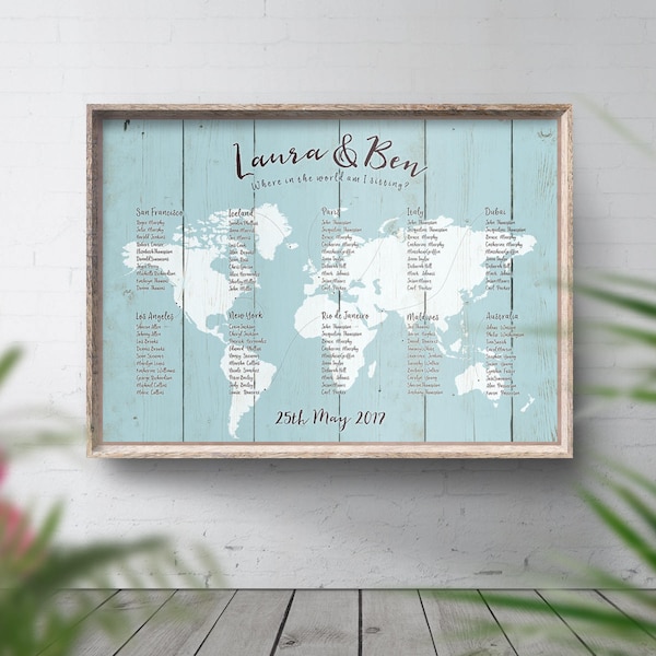 Wedding Seating Chart Print, World Seating Chart, Travel Theme Wedding, Travel Theme Decor, World Map Table Plan, Rustic Wedding Stationery