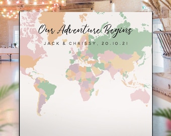 Our Adventure Begins Map Backdrop, Travel Theme Wedding, Engagement Party, Bridal Shower Photo Prop Sign, Poly Canvas or PVC Vinyl