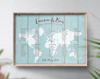 Wedding Seating Chart Print, World Seating Chart, Travel Theme Wedding, Travel Theme Decor, World Map Table Plan, Rustic Wedding Stationery