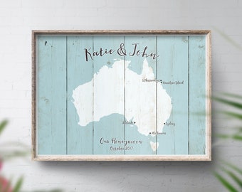 Australia Map Poster, Rustic Map, Personalised Travel Map, Honeymoon Trip Print, Wedding Guest Book Alternative, Places Been, Beach Custom