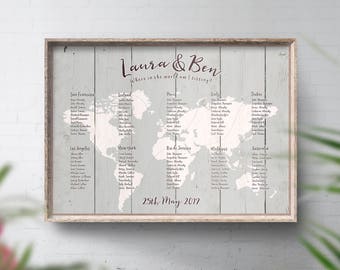 Travel Wedding Seating Chart Print, Wood Look Style, Travel Theme Wedding, Wedding Stationery, World Map Table Plan, Travel Theme Decor
