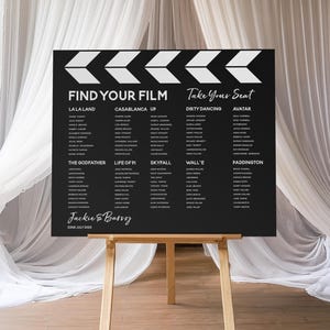 Retro Table Plan, Movie Theme Wedding, Film Seating Chart, Movie Theme Wedding, Cinema Seating Chart, Unique Wedding Decor