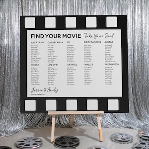 Movie Theme Wedding, Retro Table Plan, Film Seating Chart, Movie Theme Wedding, Cinema Seating Chart, Unique Wedding Decor