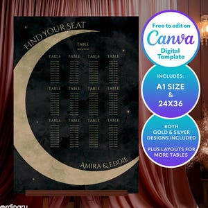 May include: A black and gold wedding seating chart with a crescent moon design. The chart includes table assignments and the names of the couple, Amira & Eddie. The Canva digital template includes A1 size and 24x36 inch options.