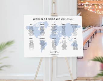 World Map Seating Chart White Blue, Travel Theme, Where in the World Are You Sitting, Wedding Guest Arrangement, Table Plan, Destination