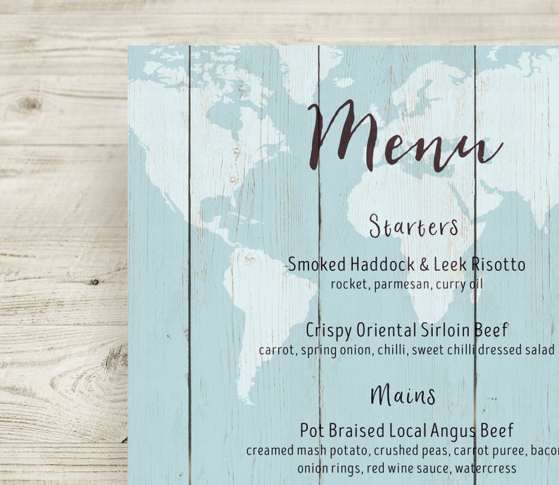 Blue Wedding Menus, Travel Theme Menu, World Map Menu, Rustic Wedding Decor, Boho Menu, Vintage Wedding Stationery, Destination Wedding Menu Bild 4