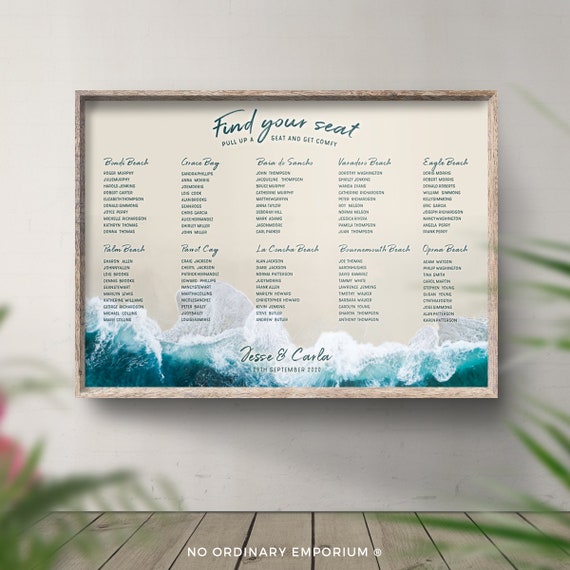 Beach Wedding Decor Wedding Table Plan Seating Chart Travel Theme Centrepiece Tropical Coastal Ocean Sea Destination Surf Ideas Unique