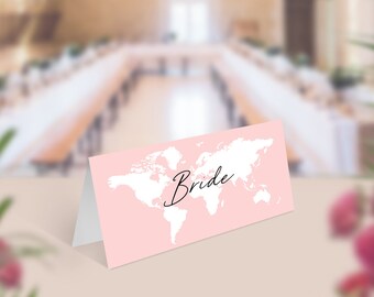 Travel Theme Wedding Place Cards, Pink Map Guest Name Cards, Destination Wedding World Map Place Cards, Wedding Decor, Location Wedding