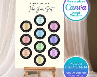 Zitplan bruiloft vinylplaat: rock-'n-roll-canvasjabloon (digitale download, A1/36 x 24)