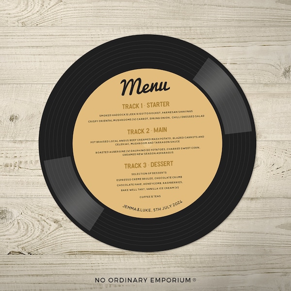 Vinyl Record Style Wedding Menus, Round Record Food Menu Cards, Rock Music Theme Wedding, 60s 70s, Songs Artist, Fun Unique Wedding Decor