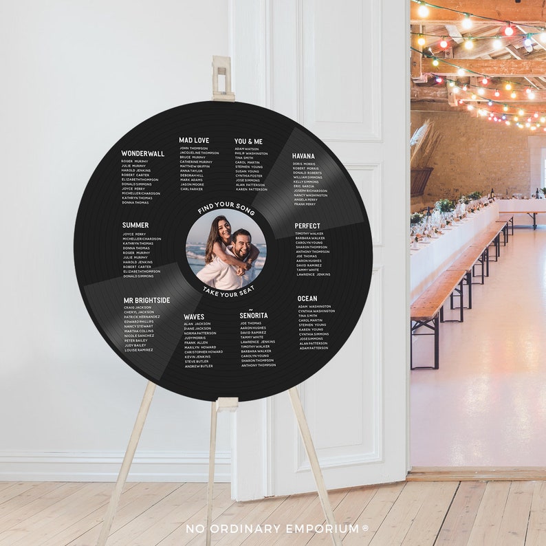 Record Seating Chart With Photo, Music Theme Wedding, Record Table Plan, Vinyl Style Round Board, Unique Wedding Decor, No Ordinary Emporium image 4