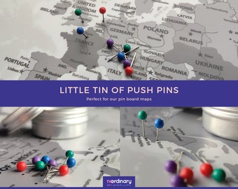 Push Pins with Tin, Assorted Travel Map Pins, Coloured Pins For Foam Boards, Round Head Pins, Multiple Colours, Thumb Tacks, Map Markers