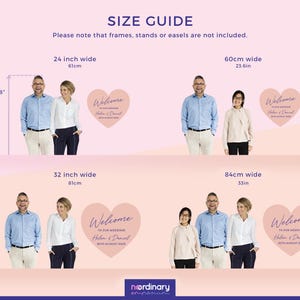 May include: A Heart Shaped Table Plan Size Guide with diameter measurements in inches and centimetres. The guide includes examples of text sizes with people standing next to them for scale. The text includes "Please note that frames, stands or easels are not included."