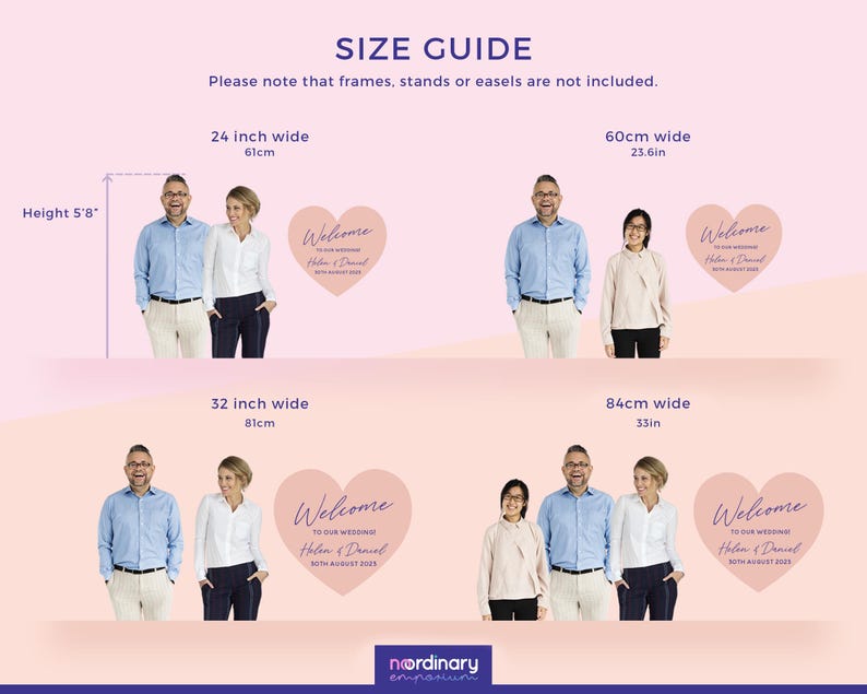 May include: A Heart Shaped Table Plan Size Guide with diameter measurements in inches and centimetres. The guide includes examples of text sizes with people standing next to them for scale. The text includes "Please note that frames, stands or easels are not included."
