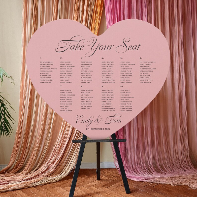 Pink Heart Seating Chart, Romantic Table Plan, Love Heart, Unique Wedding Day Stationery, Personalised Custom Made