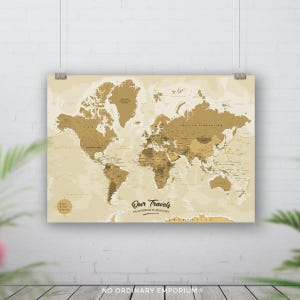 Gold Push pin world map, Places we&#39;ve been, Bucket list map, Personalised Detailed World Map, Traveller couple, Anniversary Gift, Custom