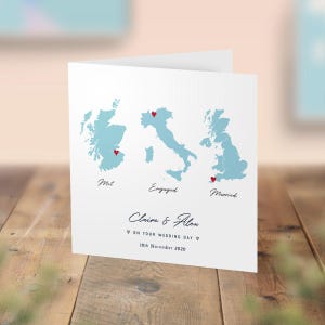 Carte de fiançailles personnalisée de trois cartes, carte de mariage à destination, carte de mariage de fiançailles rencontré, carte de localisation spéciale, contour de n'importe quel pays
