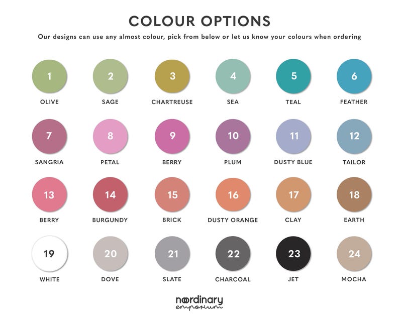 a collection of color options, including shades of green, blue, purple, and brown, along with their corresponding names. The color options are presented in a grid format, with each row representing a different color and each column representing a different name. The image does not contain any text that can be described in fewer than 500 characters.
