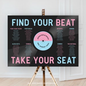 Find Your Beat Record Seating Chart, Retro Vinyl Table Plan, Funky Wedding Songs Sign, Music Theme, Disco Reception, Quirky, Fun, Colourful