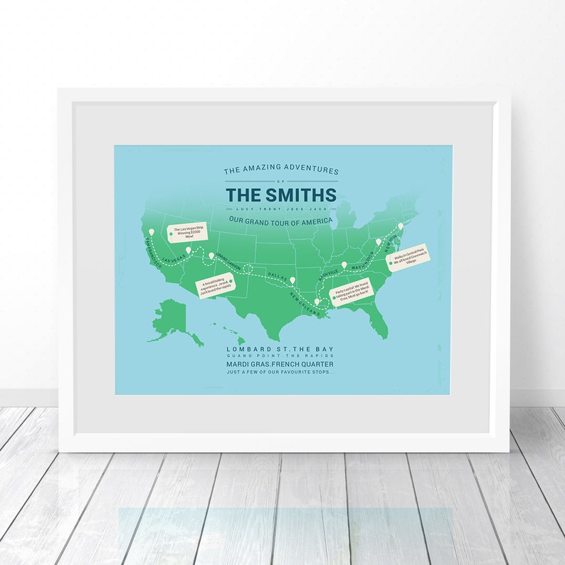 Personalised America Map, Custom USA Travel Map Print, USA Map Print, Places We've Been, Places Travelled, Where We've Been, First Met image 2