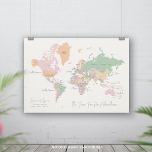 Personalised Push Pin World Map, Pastel Detailed World Pin Board, Traveller Couple Gift, Wedding anniversary, Bucket list Map