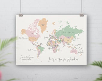 Personalised Push Pin World Map, Pastel Detailed World Pin Board, Traveller Couple Gift, Wedding anniversary, Bucket list Map