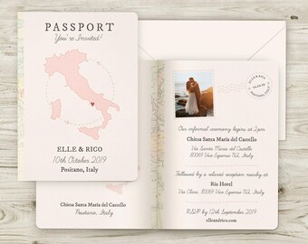 Destination Wedding Passport Invitations, Travel Wedding Location Invites, Customisable Country & Colour, Italy USA France Ireland