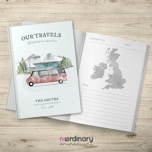 May include: A blue and white travel journal with a watercolour illustration of a camper van in front of mountains. The cover reads "Our Travels, The book of our adventures, The Smiths, Camping around the world, Since 2009". The inside of the journal has a watercolour illustration of the United Kingdom and space for writing.