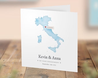 Personalised Engagement Card, Heart Location Card, World Map Wedding Card, Destination Wedding, Italian Anniversary Cards, Italy Any Country