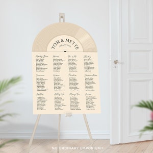 May include: A beige vinyl record-shaped seating chart for a wedding with the names "Tom & Mette" and the date "20th June 2024" printed at the top. The chart is divided into sections with table names like "Mardy Bum", "Heros", "You & Me", "Starboy", "Summer", "Waves", "Paradise", "Summertime", "Fallin", "All of Me", "Marry You", and "Ocean". Each section lists guest names.