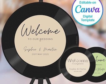 Letrero de bienvenida con foto de disco de vinilo, plantilla digital editable de Canva, temática de boda con música retro, letreros de entrada para fiesta de rock o discoteca vintage.