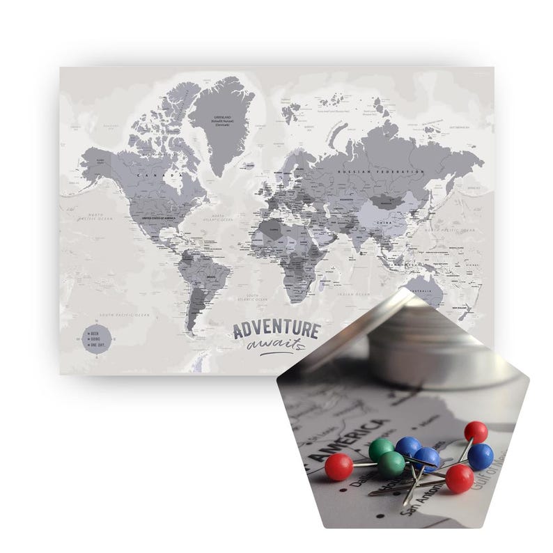 Adventure Awaits Push Pin World Map, Size A2 Detailed World Pin Board, Places Been, Traveller Birthday Gift, Bucket List Adventures Wall Art Pin board + 45 push pins