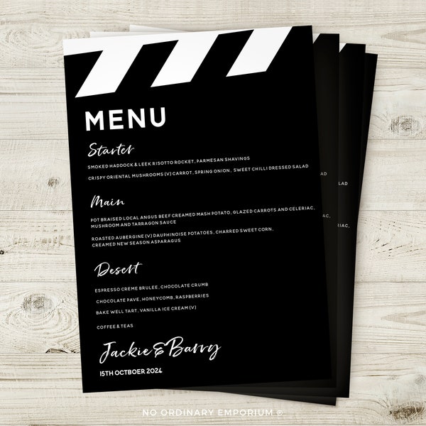 Movie Theme Wedding Menus, Film Wedding Decor, Cinema Hollywood Film Lovers, New York Wedding, Movie Quotes Fan Clapper Vintage Retro