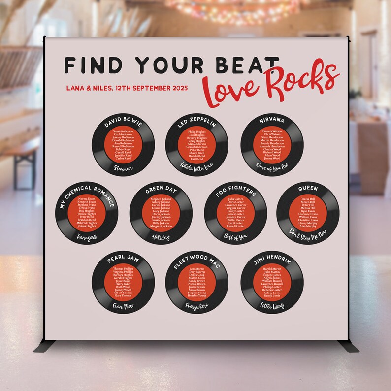 Seating Song Names Find Your Beat Take Your Seat, Record Seating Chart, Retro Table Plan ...