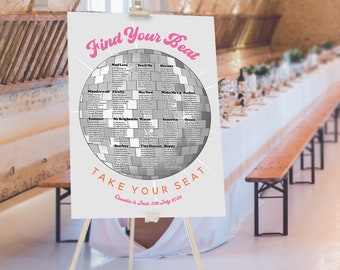 Disco Table Plan, Disco Ball Style Seating Chart, Music Theme Wedding Retro Wedding Decor, Last Disco, Circular Record Shaped Welcome Sign