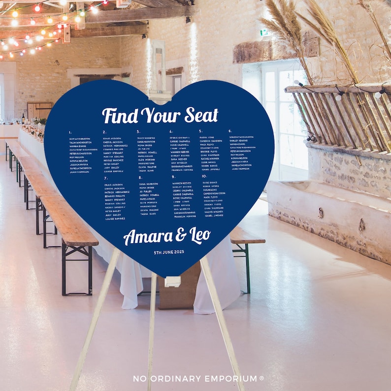 Blue Heart Seating Chart, Quirky Romantic Table Plan, Love Heart Cut Out, Foam Board Sign, Unique Wedding Day Stationery Personalised Custom Made