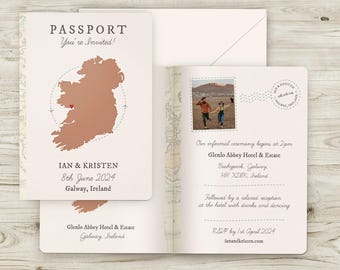Passport Wedding Invitation Ireland Any Country, Destination Wedding Invites, Wedding Abroad, Travel Wedding Invitations Plane Flight Invite